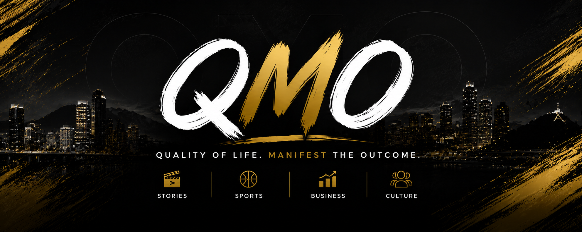QMO city skyline in black, white, and gold