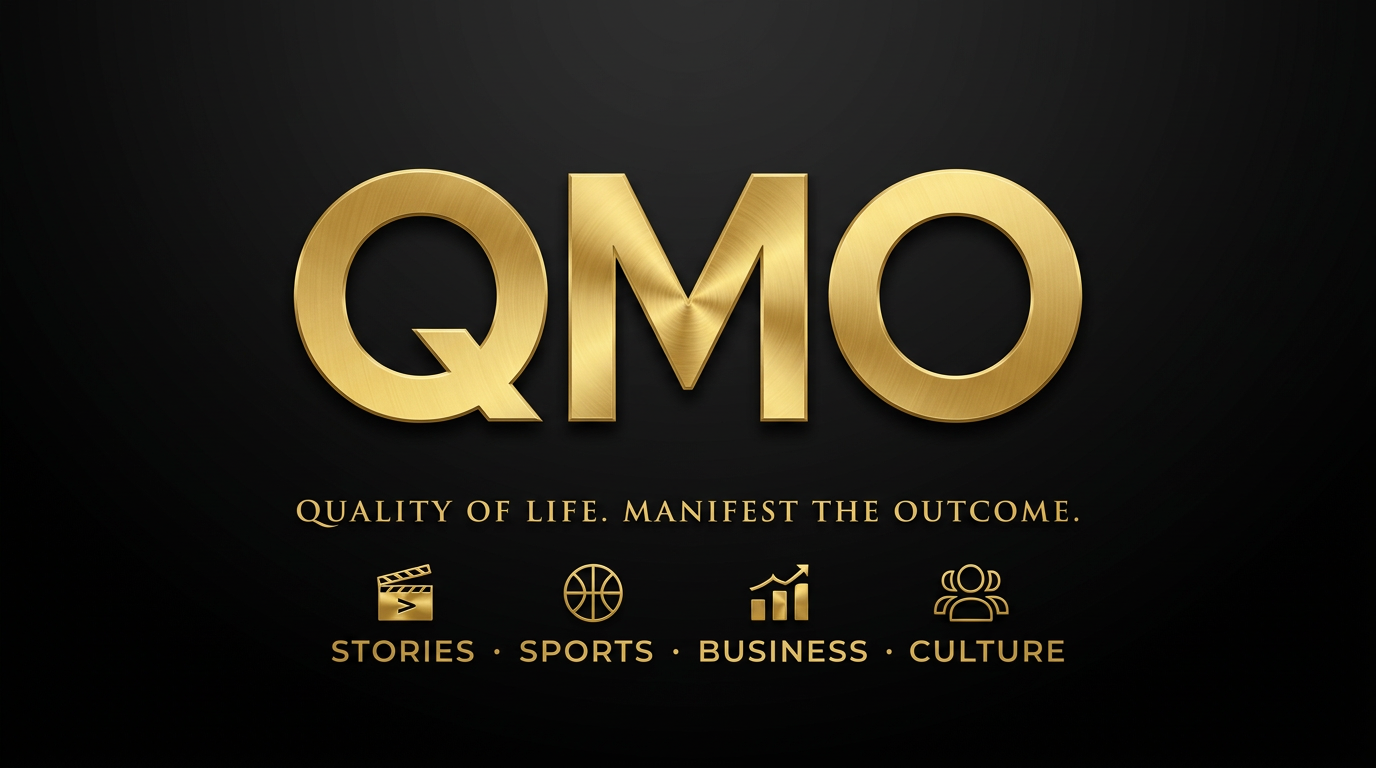 QMO in metallic gold with the Quality of Life, Manifest the Outcome slogan and Stories, Sports, Business, Culture pillars
